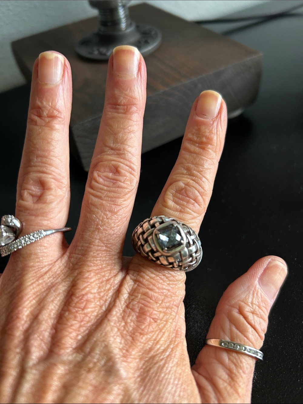 Woven Silver Ring with Black Smoke Stone by Brighton